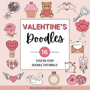 Valentines doodle-tutorials, Valentijn stap-voor-stap doodles, leer hoe te krabbelen, tutorials tekenen, tutorials tekenen, beginnersdoodles