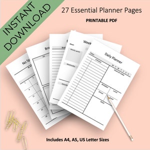 Essentials Planner Printable, Premade Bullet Journal, Simple Planner Inserts, Printable Bullet Journal Kit, Digital Planner Pages