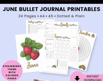 June Bullet Journal Printable Bundle Strawberry Theme, June Planner Pages, BuJo Kit, Starwberry planner pages, Strawberry Bujo, Planner PDF