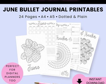 June Bullet Journal Printable Bundle Strawberry Theme, June Planner Pages, BuJo Kit, Monthly Weekly Daily, Habit Mood Trackers PDF