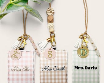 ID Badge Holder w/ Initial- Boho ID Card Case for Nurses, Teachers, Doctors, Therapist, Badge Reel ID Card Holder with Clear Sleeve