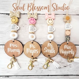 Teacher Happy Lanyard, Boho Rainbow Daisy Beaded Lanyard with Name, Happy Valentine Personalized Boho Teacher Nurse Lanyard