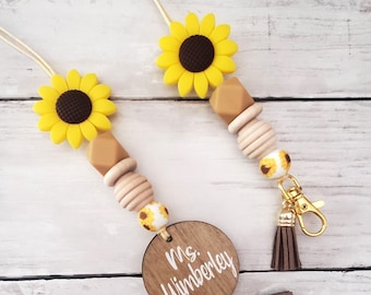 Fall Sunflower Lanyard with Name, Beaded Personalized Teacher tassel  Lanyard, Boho  Lanyard, Teacher Nurse Lanyard