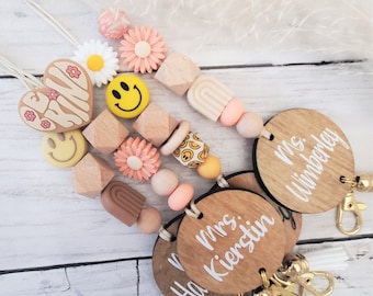 Be Kind Teacher Lanyard,  Happy Rainbow Daisy Beaded Lanyard with Name, Happy Valentine Personalized Boho Teacher Nurse Lanyard