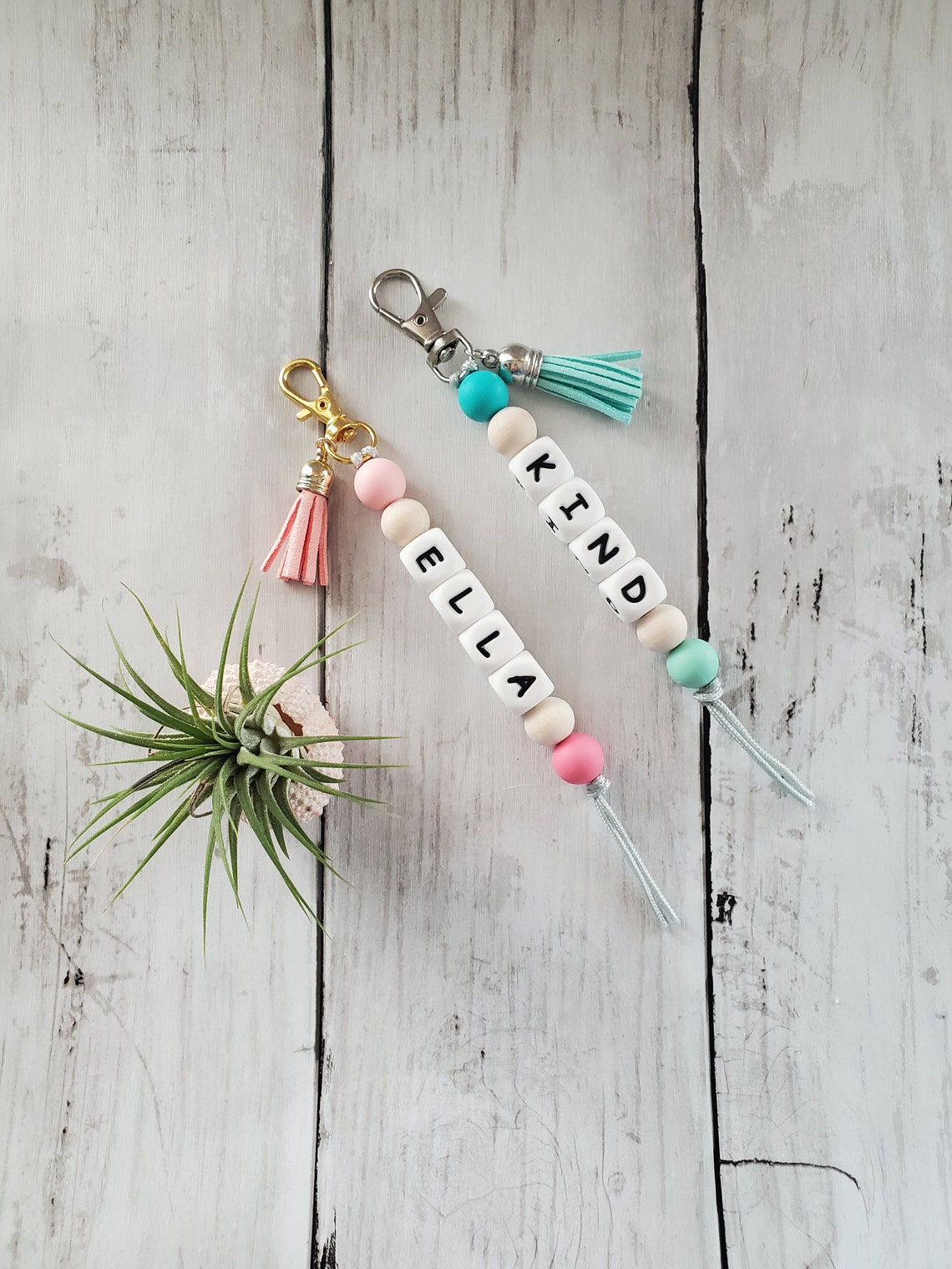 Beaded Name Keychain Wooden Bead Key Chain Tassel Car Charm Etsy