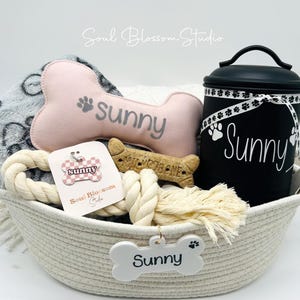 Puppy Gift basket, Personalized Dog Gift, Puppy starter package, Doggie Gift, Pet basket, Dog blanket, New puppy gift, Puppy shower gift image 1