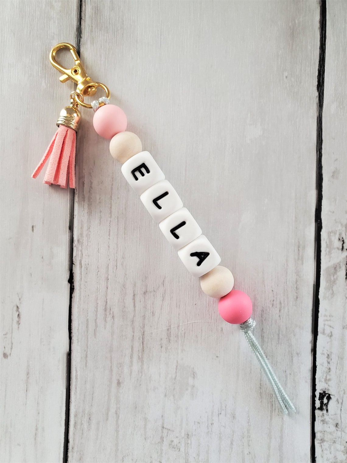 Beaded Name Keychain Wooden Bead Key Chain Tassel Car Charm Etsy