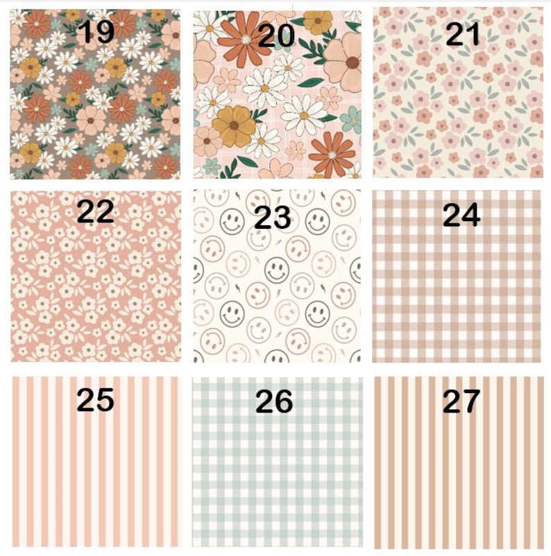May include: A grid of nine fabric patterns labeled 19 through 27. Designs include floral prints with daisies and wildflowers in orange, white, and pink, a smiley face pattern, a beige gingham check, and vertical stripes in pink and light green.