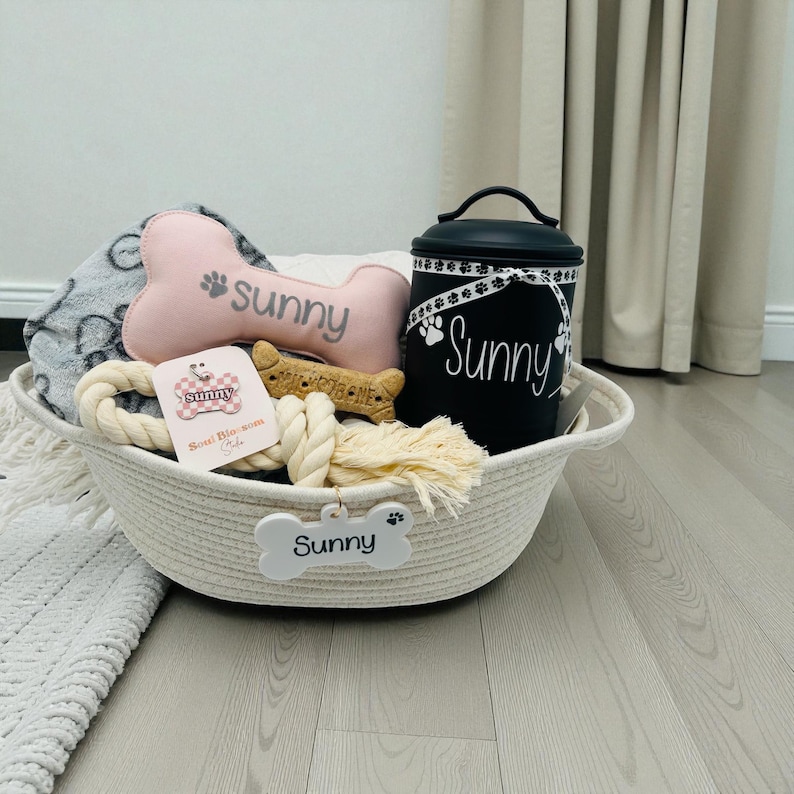 Puppy Gift basket, Personalized Dog Gift, Puppy starter package, Doggie Gift, Pet basket, Dog blanket, New puppy gift, Puppy shower gift image 2