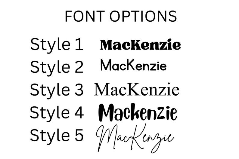 May include: A list of font options labeled FONT OPTIONS with five distinct styles. Each style displays the name MacKenzie in a different typeface, ranging from bold serif and sans-serif to a handwritten script style, presented in black text.