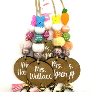 Peeps Bunny Teacher Lanyard, Happy Bunny Carrot Rainbow Daisy Beaded Lanyard with Name, Personalized Easter Teacher Nurse Lanyard