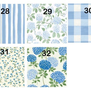May include: A collection of five fabric swatches labeled 28 through 32. Pattern 28 features blue and white vertical stripes. Pattern 29 shows light blue hydrangea clusters. Pattern 30 displays a blue and white gingham check. Pattern 31 has small blue flowers on a cream background. Pattern 32 depicts large blue hydrangea blooms.