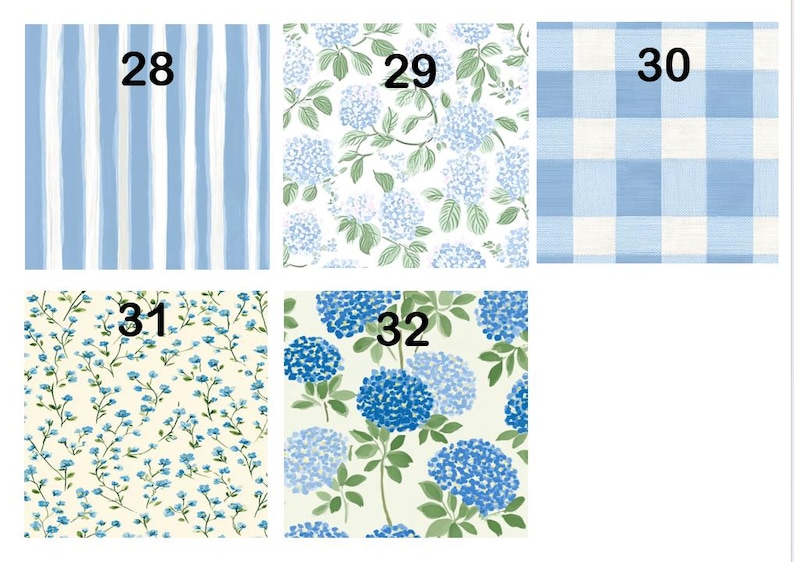 May include: A collection of five fabric swatches labeled 28 through 32. Pattern 28 features blue and white vertical stripes. Pattern 29 shows light blue hydrangea clusters. Pattern 30 displays a blue and white gingham check. Pattern 31 has small blue flowers on a cream background. Pattern 32 depicts large blue hydrangea blooms.
