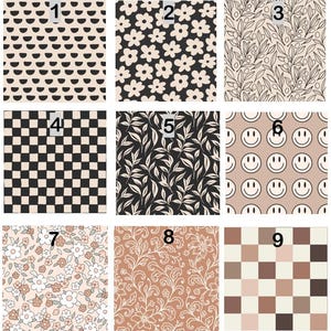 May include: A grid of nine square patterns labeled one through nine. Patterns include black and beige semicircles, black and beige flowers, olive branches, black and beige checkers, leaves, beige smiley faces, floral prints, and brown checkered squares.