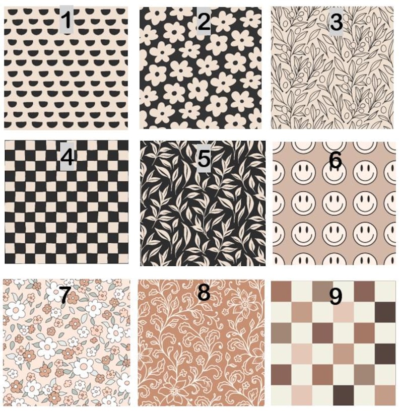 May include: A grid of nine square patterns labeled one through nine. Patterns include black and beige semicircles, black and beige flowers, olive branches, black and beige checkers, leaves, beige smiley faces, floral prints, and brown checkered squares.