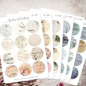 Shades of Vintage Circle Stickers Vintage Planner Stickers Ephemera Eclectic Letters Encyclopedia Flowers Old Postcards Journal Scrapbooking
