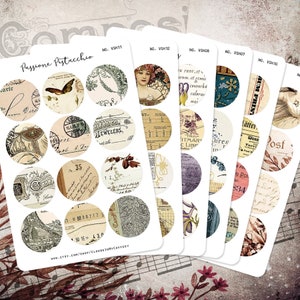 Shades of vintage - Stickers ronds vintage Planner Stickers Ephémères Lettres éclectiques Encyclopédie Fleurs Cartes postales anciennes Carnet de notes Scrapbook