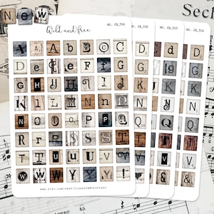 Fichas de Scrabble, letras del alfabeto, pegatinas vintage, pegatinas para planificador, personajes, máquina de escribir, citas, palabras, efímeras, flores, diario basura, álbum de recortes