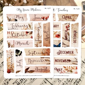 Monthly Stickers - Months Page Marker Vintage Washi Tape Planner Stickers Calendar Headers Labels Quotes Ephemera Junk Journal Scrapbooking