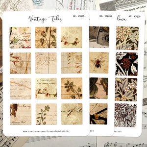 Vintage Fliesen - Quadrat Vintage Aufkleber Planer Aufkleber Herbst Ephemera Eclectic Alte Bücher Blumen Alte Postkarten Junk Journal Sammelalbum