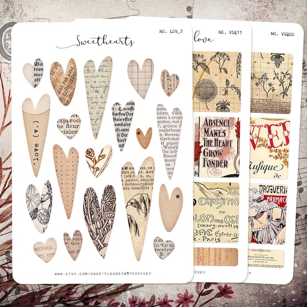 Valentine's Day Special Heart Stickers Love Papercut Vintage Planner Sticker Old book Quote Labels Eclectic Ephemera Junk Journal Scrapbook