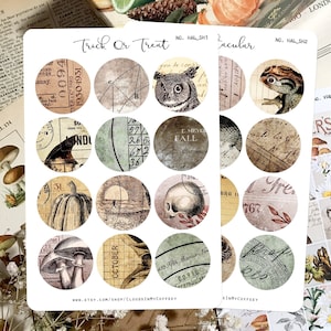 Spécial Halloween - Nuances d'automne - Stickers ronds vintage Planner Stickers Ephémères Fleurs Cartes postales Vieux livres Junk Journal Scrapbooking