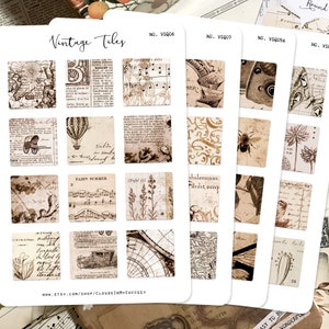 Carrelage vintage - Stickers carrés monochromes Stickers agenda Ephémères Éclectiques Livres anciens Fleurs Cartes postales anciennes Bujo Junk Journal Scrapbooking