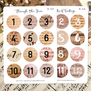 Adesivi mensili circolari, segnalibri per pagine mensili, adesivi per pianificatori vintage, intestazioni di calendario, etichette per numeri di macchine da scrivere, effimeri, diario spazzatura, album di ritagli