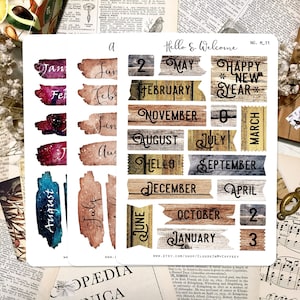 Adesivi mensili - Segnapagina mesi Adesivi per pianificatori vintage Intestazioni calendario Etichette per macchine da scrivere Citazioni Ephemera Junk Journal Scrapbooking
