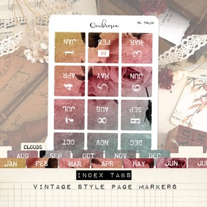Schede indice mensile - Segnapagina vintage - Etichette registro Adesivi Planner Adesivi Vecchi libri Ephemera Eclectic Bullet Junk Journal Scrapbook