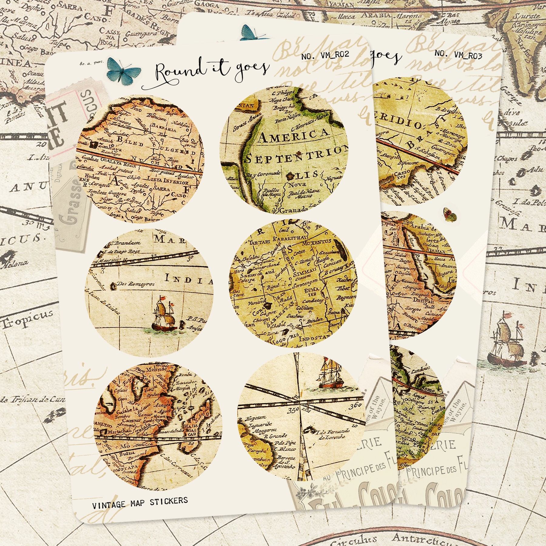 Map Sticker Design Antique Map Stickers: Circle Vintage Ephemera for Junk Journals - Etsy