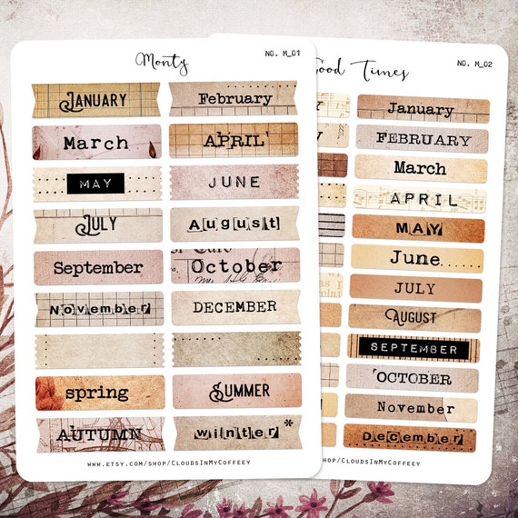 Monthly Stickers - Months Page Marker Vintage Planner Stickers Calendar Headers Typewriter Labels Quotes Ephemera Junk Journal Scrapbooking