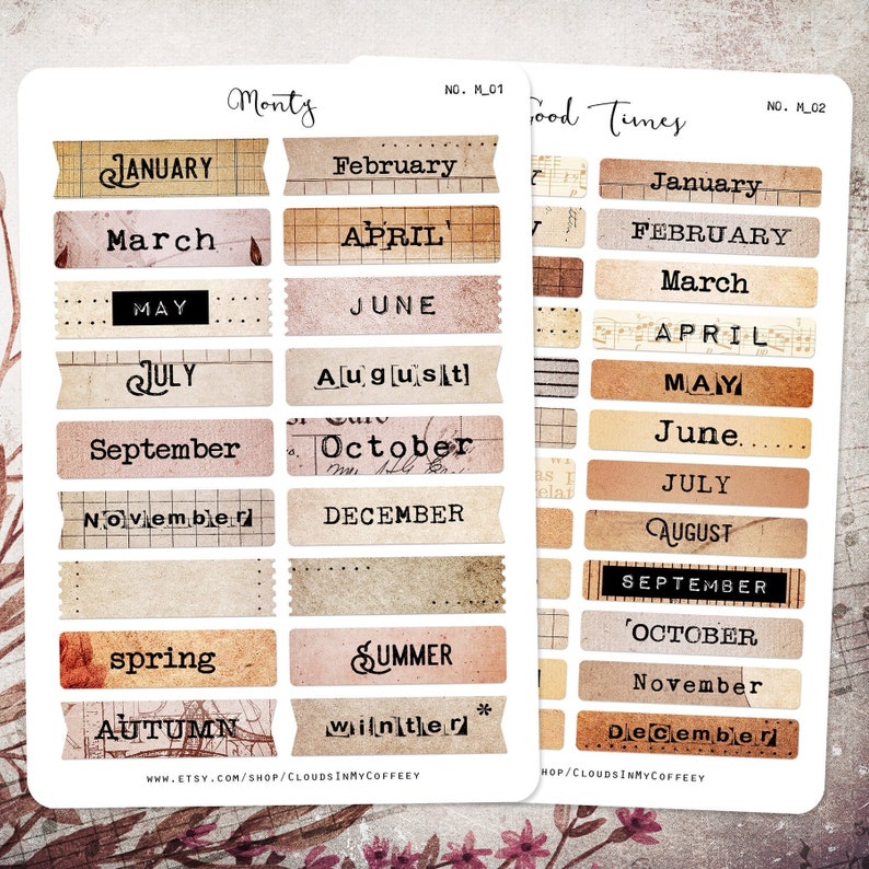 Puede incluir: Un conjunto de pegatinas de planificador mensual de estilo vintage con un esquema de color marr&oacute;n y beige. Las pegatinas presentan los meses del a&ntilde;o, incluidos enero, febrero, marzo, abril, mayo, junio, julio, agosto, septiembre, octubre, noviembre y diciembre. Las pegatinas tambi&eacute;n incluyen las palabras "primavera", "verano", "oto&ntilde;o" y "invierno".