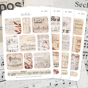 Pegatinas de notas musicales antiguas, pegatinas para planificador, efímeras vintage, libros antiguos franceses, enciclopedia ecléctica, diario basura, álbumes de recortes, partituras