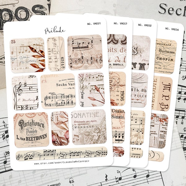 Antique Music Notes Stickers Planner Stickers Vintage Ephemera French Old Book Eclectic Encyclopedia Junk Journal Scrapbooking Music Sheet