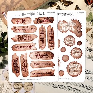 Motiverende citaten - retro vlekken vintage stickers planner sticker koptekst handlettering zinnen etiketten woorden tijdelijke rommel dagboek plakboek