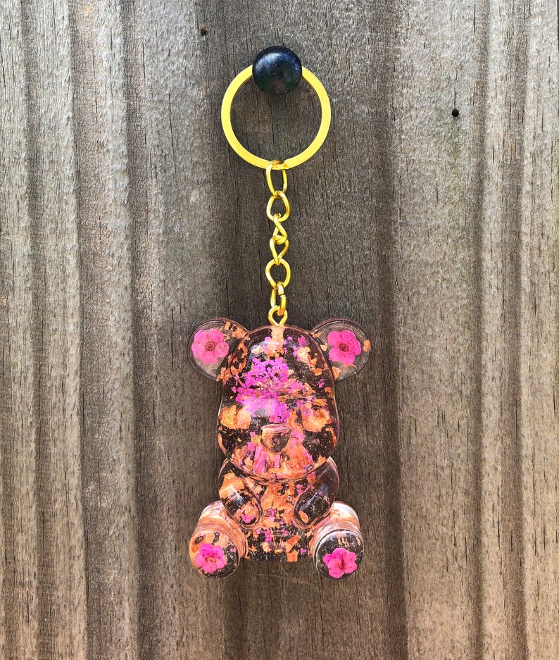 Customizable Resin Teddy Bear Keychain with Real Dried Flowers | Etsy