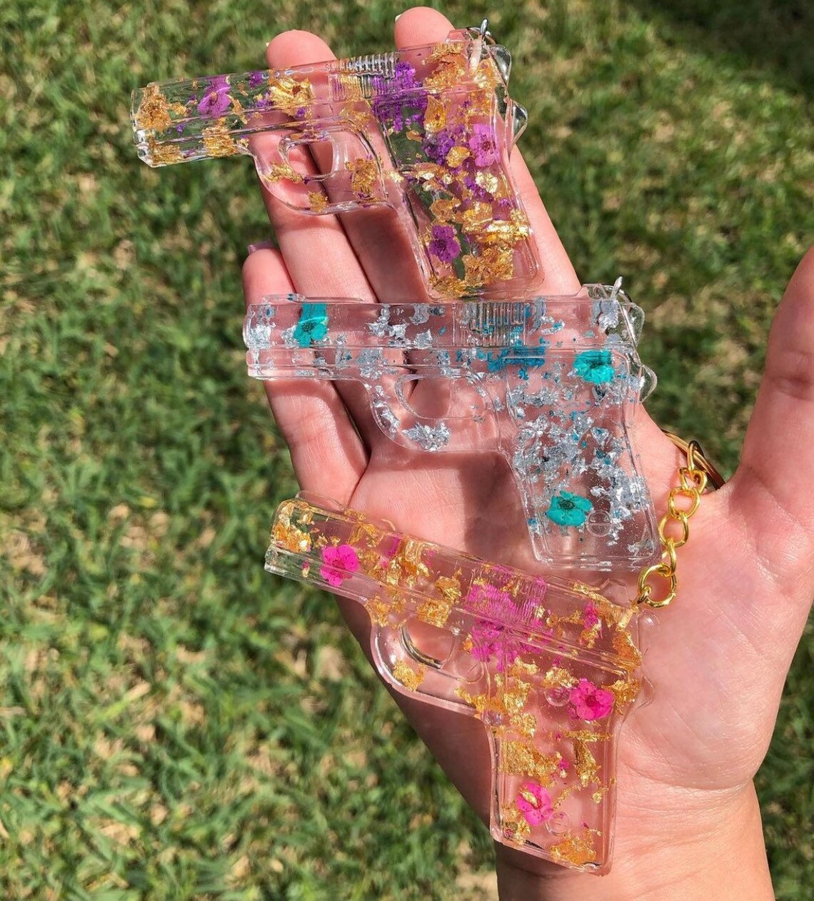 Customizable Resin Gun Keychain With Real Dried Flowers Etsy
