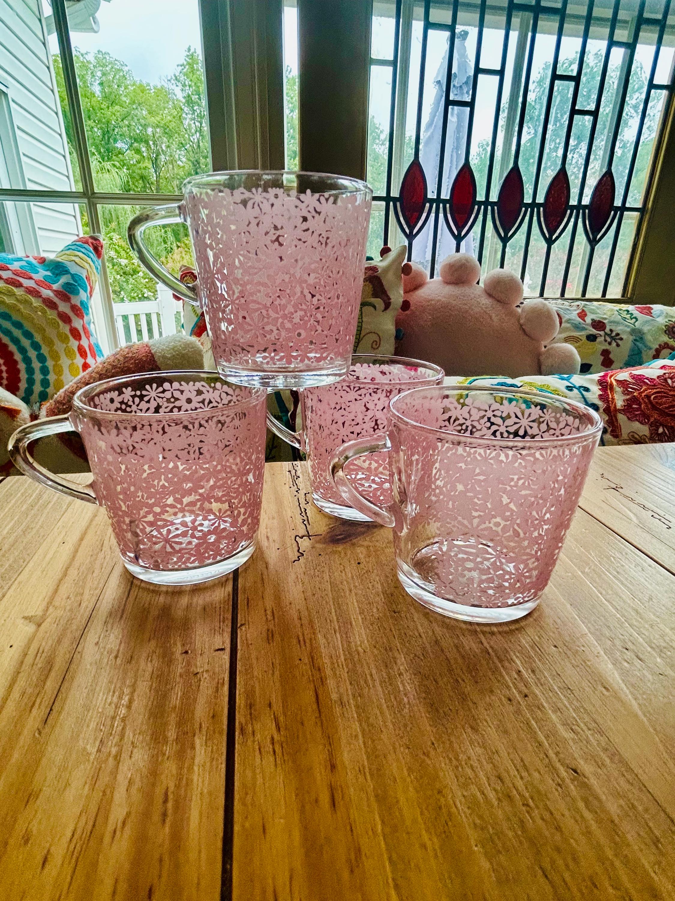 IKEA Godta Pink Flower Coffee Mugs, Set of 4 - Made in France