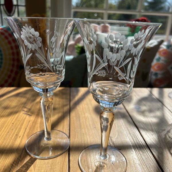 Vintage Floral/Leaves - Early 20th Century - Etched Wine Glasses (Set of 2)