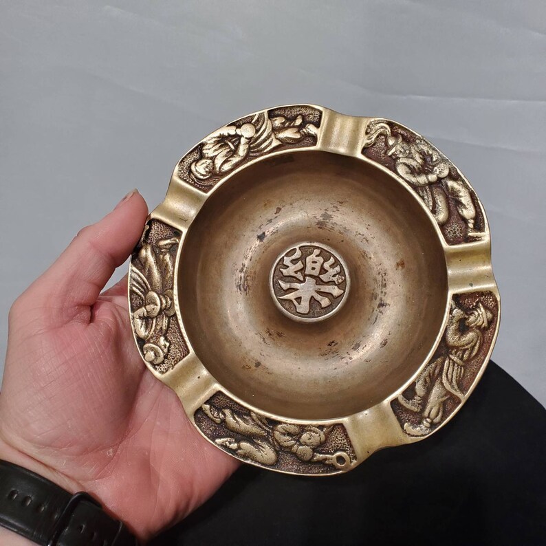 Vintage brass ashtray Korean Asian characters Etsy