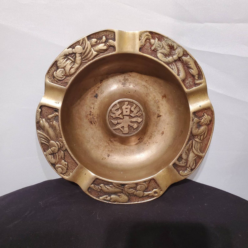 Vintage brass ashtray Korean Asian characters Etsy