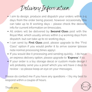 May include: A white informational card with pastel-colored abstract shapes in the corners. The text reads Delivery Information, followed by bullet points detailing order processing, shipping methods, and proofing procedures, ending with a thank you.
