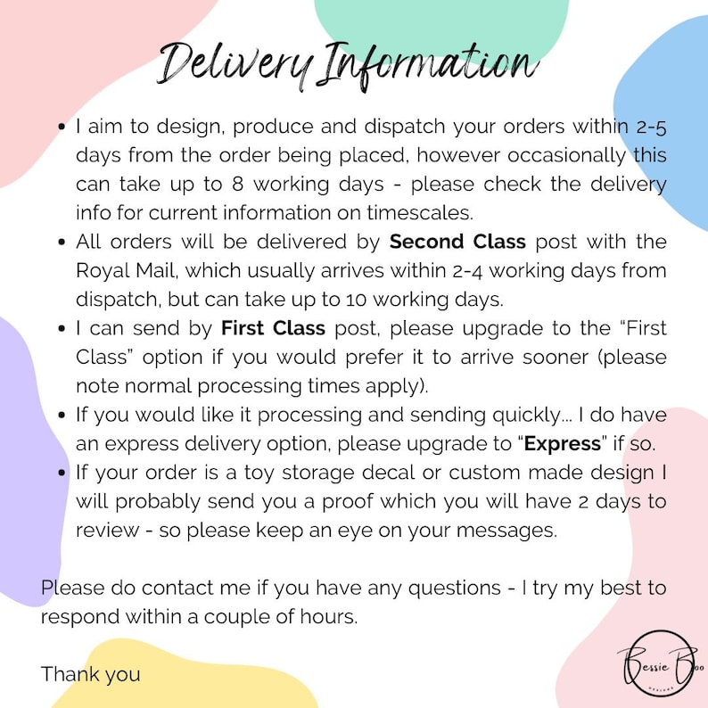 May include: A white informational card with pastel-colored abstract shapes in the corners. The text reads Delivery Information, followed by bullet points detailing order processing, shipping methods, and proofing procedures, ending with a thank you.