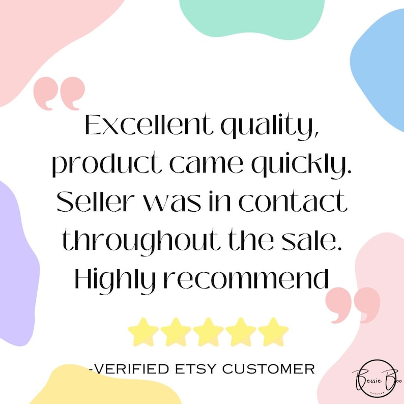 May include: A customer review graphic featuring the text: Excellent quality, product came quickly. Seller was in contact throughout the sale. Highly recommend. Below the text are five yellow stars and the text: -VERIFIED ETSY CUSTOMER.