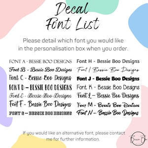 May include: A Decal Font List chart displaying fourteen distinct black font styles labeled A through N, each showing the text Bessie Boo Designs. The graphic includes instructions to specify the chosen font in the personalization box.