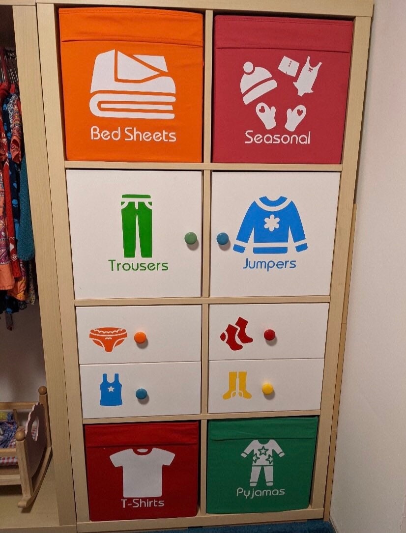 Clothes Storage Decals | Kids Room Storage Labels | Wardrobe & Drawers Decals | Self-Adhesive Personalised Decals | Personalised Stickers