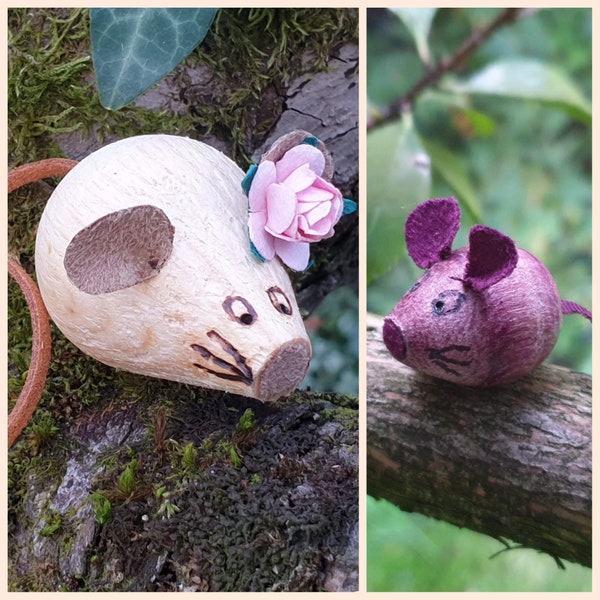 2 mouse family, 1 large, 1 small, with your choice of flower colour and wood colour