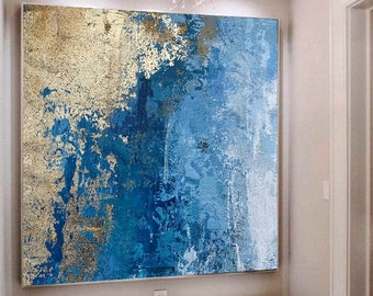 Large Abstract Wall Art - Gold Original Abstract Painting - Acrylic on Canvas - Blue color - Home Decor Abstract Wall Art Trend texture