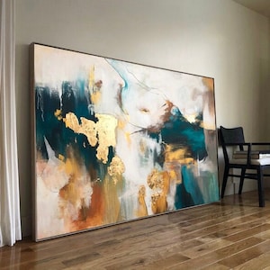Grande oeuvre d&#39;art murale abstraite - Peinture abstraite originale dorée - Acrylique sur toile - Couleur bleue - Décoration d&#39;intérieur Art mural abstrait, texture tendance